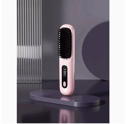 2 In 1 Wireless Hair Straightener Brush – Portable Fast Heating Hot Curler USB Charging