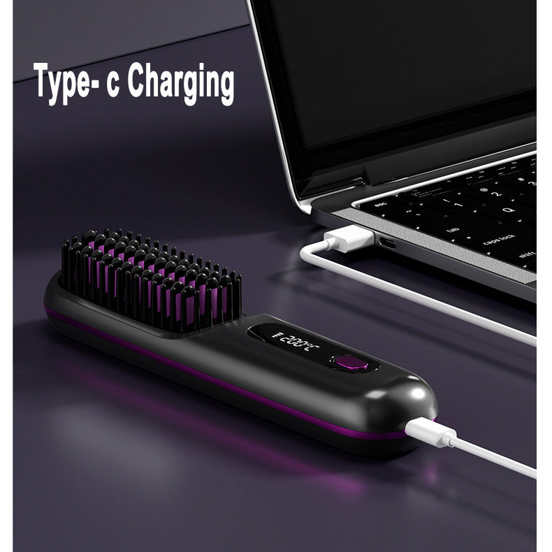 2 In 1 Wireless Hair Straightener Brush – Portable Fast Heating Hot Curler USB Charging