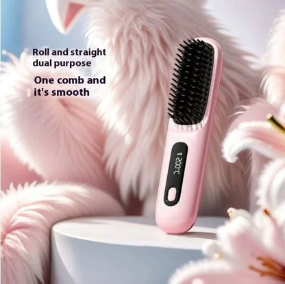 2 In 1 Wireless Hair Straightener Brush – Portable Fast Heating Hot Curler USB Charging