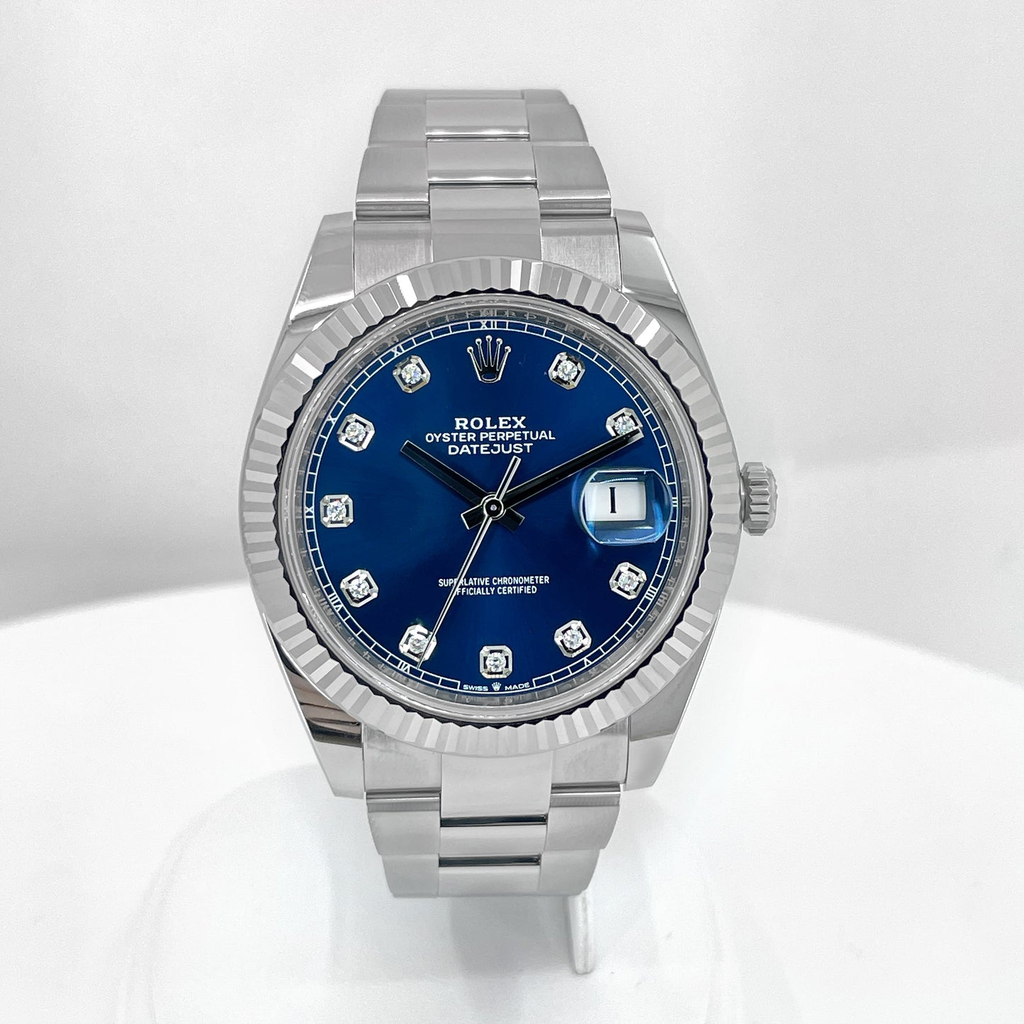 , Datejust 41, Oystersteel and 18K White Gold, Bright Blue with Diamonds Dial, Oyster 126334-0015