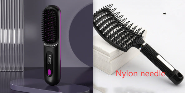 2 In 1 Wireless Hair Straightener Brush – Portable Fast Heating Hot Curler USB Charging