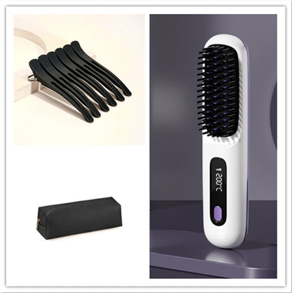 2 In 1 Wireless Hair Straightener Brush – Portable Fast Heating Hot Curler USB Charging