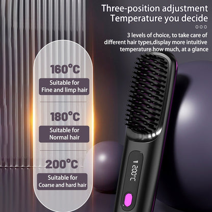 2 In 1 Wireless Hair Straightener Brush – Portable Fast Heating Hot Curler USB Charging