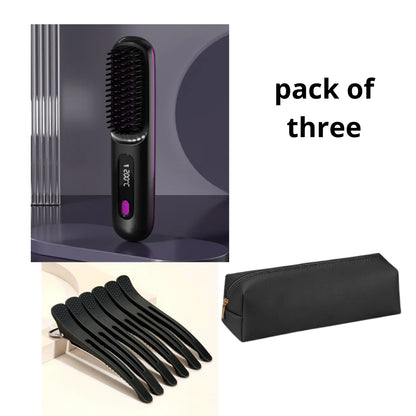2 In 1 Wireless Hair Straightener Brush – Portable Fast Heating Hot Curler USB Charging